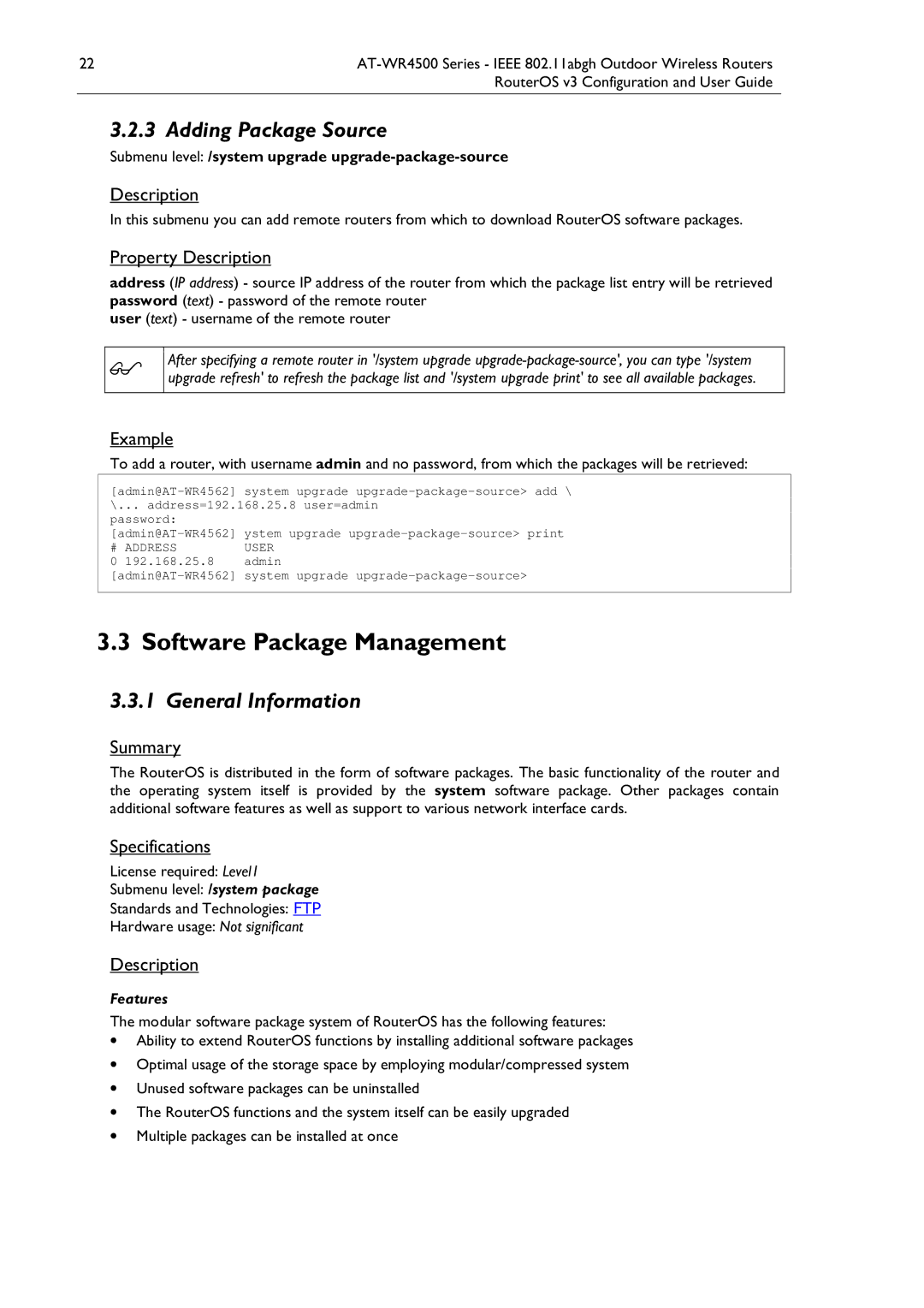 Allied Telesis AT-WR4500 manual Software Package Management, Adding Package Source, Address User, Admin 