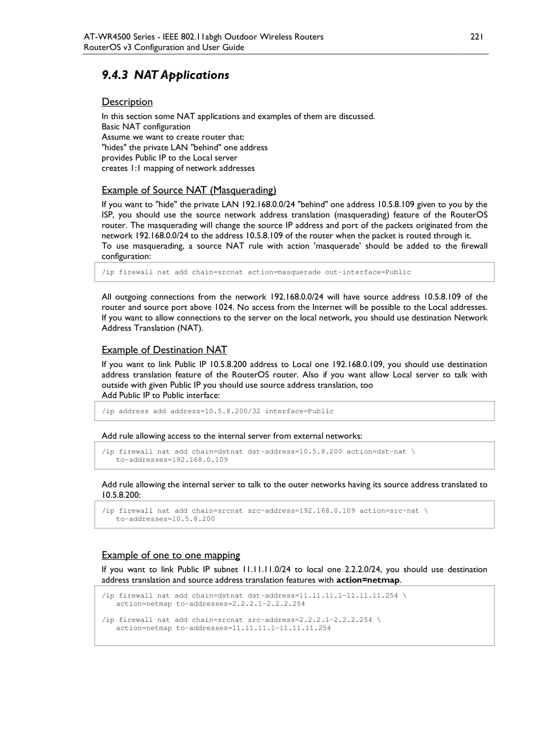 Allied Telesis AT-WR4500 manual NAT Applications, Example of Source NAT Masquerading, Example of Destination NAT 