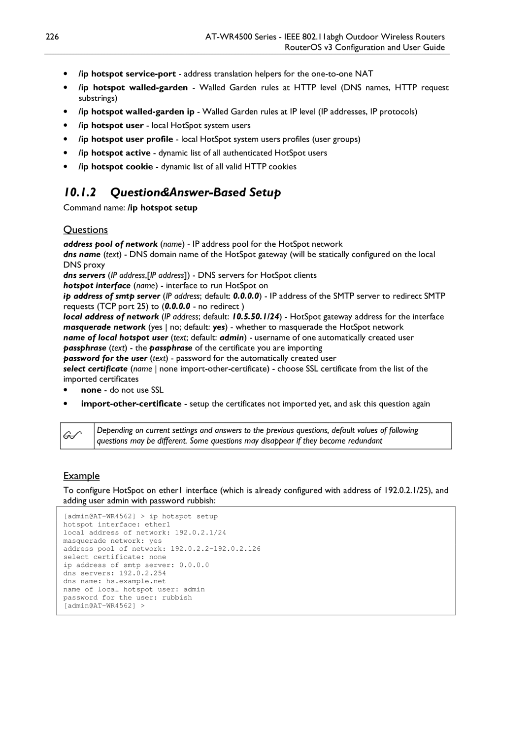 Allied Telesis AT-WR4500 manual Question&Answer-Based Setup, Command name /ip hotspot setup 