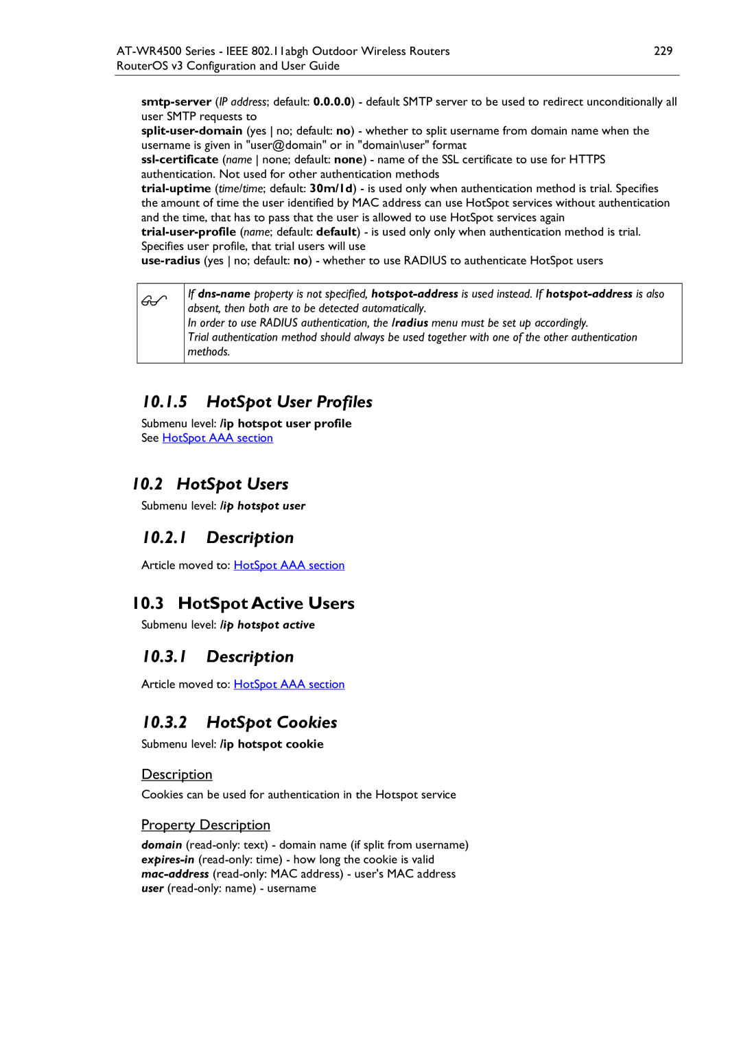 Allied Telesis AT-WR4500 manual HotSpot User Profiles, HotSpot Users, Description, HotSpot Cookies 