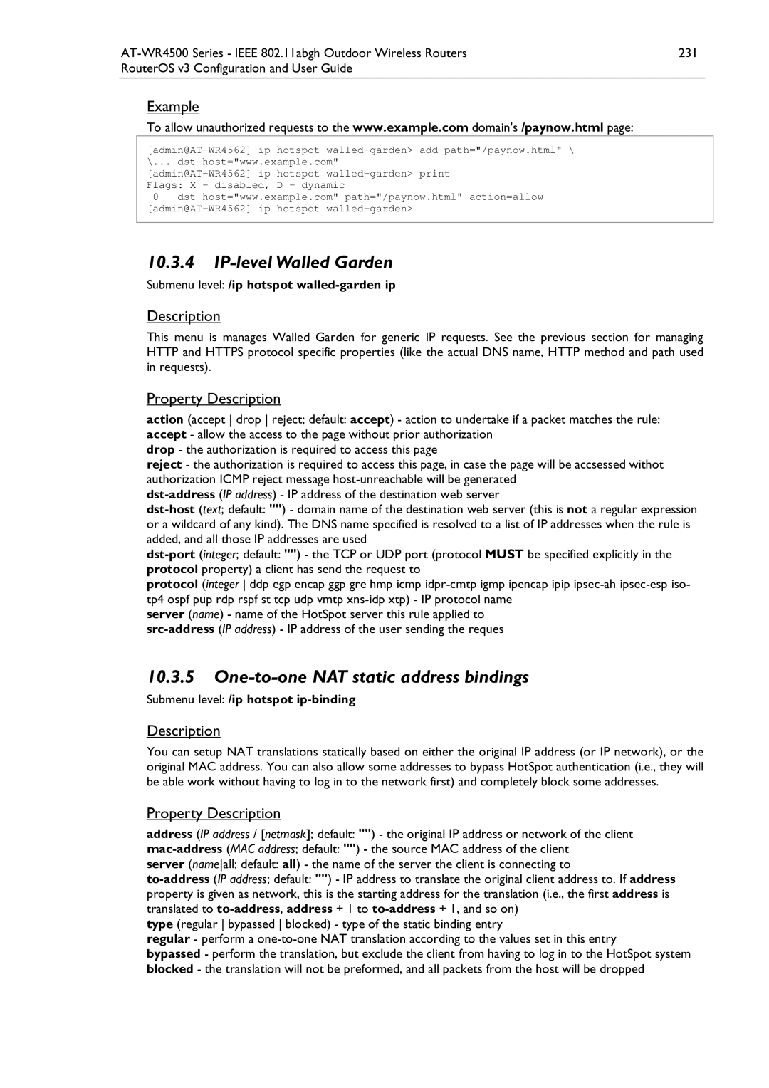 Allied Telesis AT-WR4500 manual IP-level Walled Garden, One-to-one NAT static address bindings 