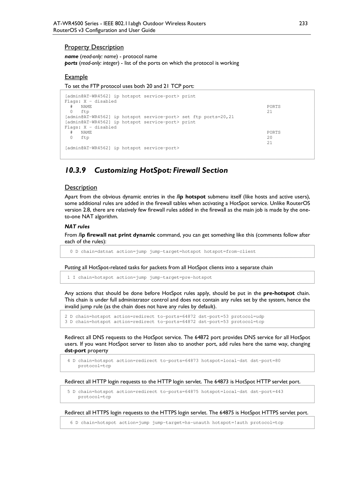 Allied Telesis AT-WR4500 manual Customizing HotSpot Firewall Section, To set the FTP protocol uses both 20 and 21 TCP port 