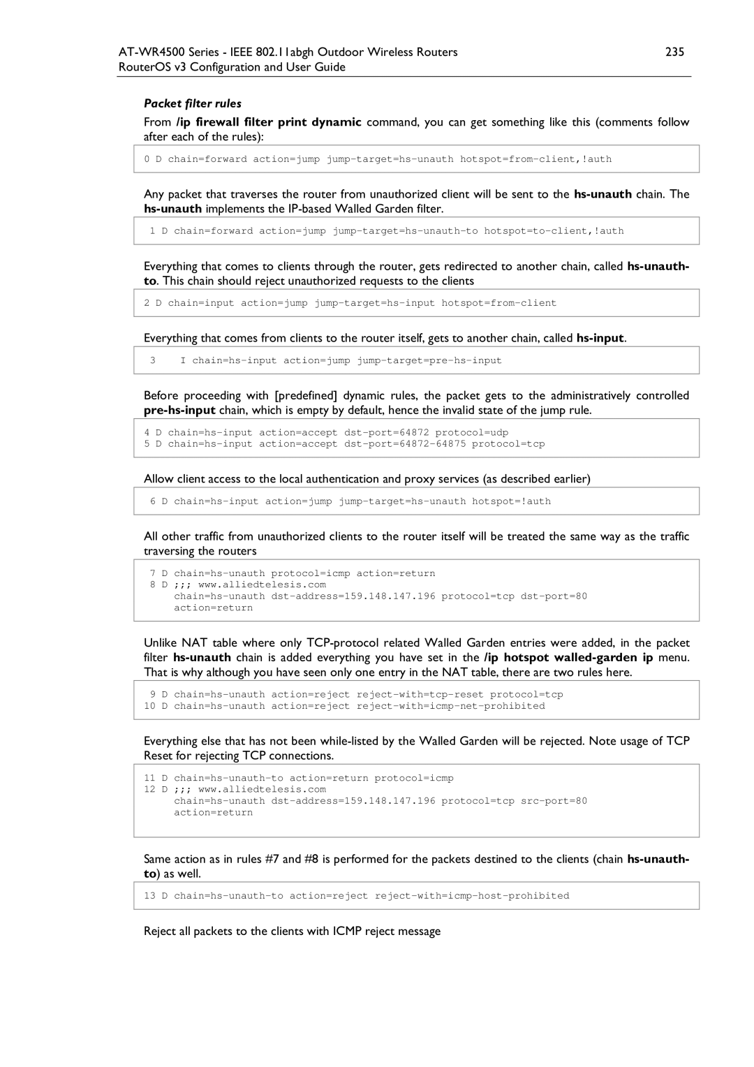 Allied Telesis AT-WR4500 manual Reject all packets to the clients with Icmp reject message 