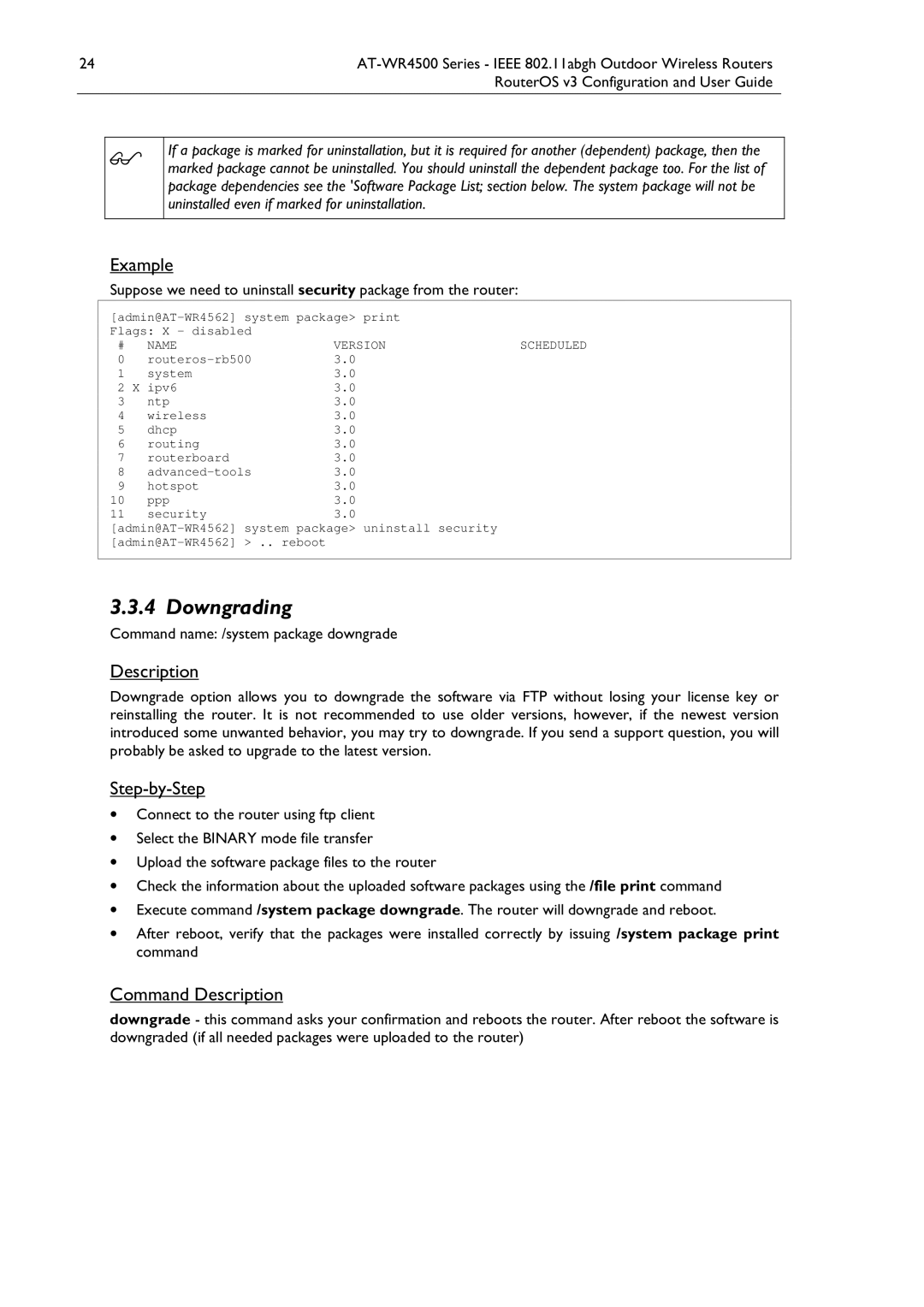 Allied Telesis AT-WR4500 manual Downgrading, Command name /system package downgrade, Name Version 