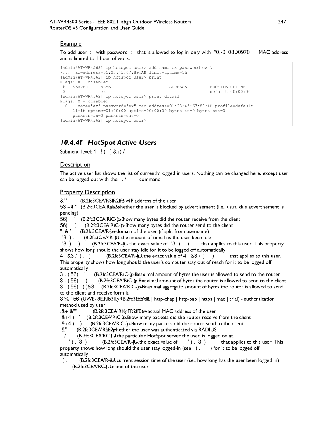 Allied Telesis AT-WR4500 manual HotSpot Active Users, Submenu level /ip hotspot active, Server Name Address Profile Uptime 