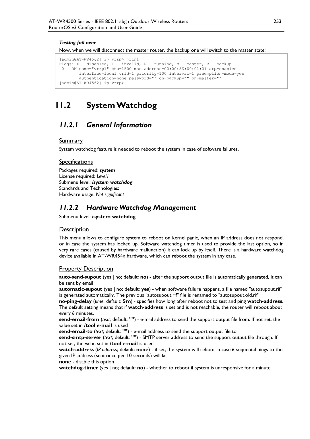 Allied Telesis AT-WR4500 manual SystemWatchdog, Hardware Watchdog Management, Submenu level /system watchdog 