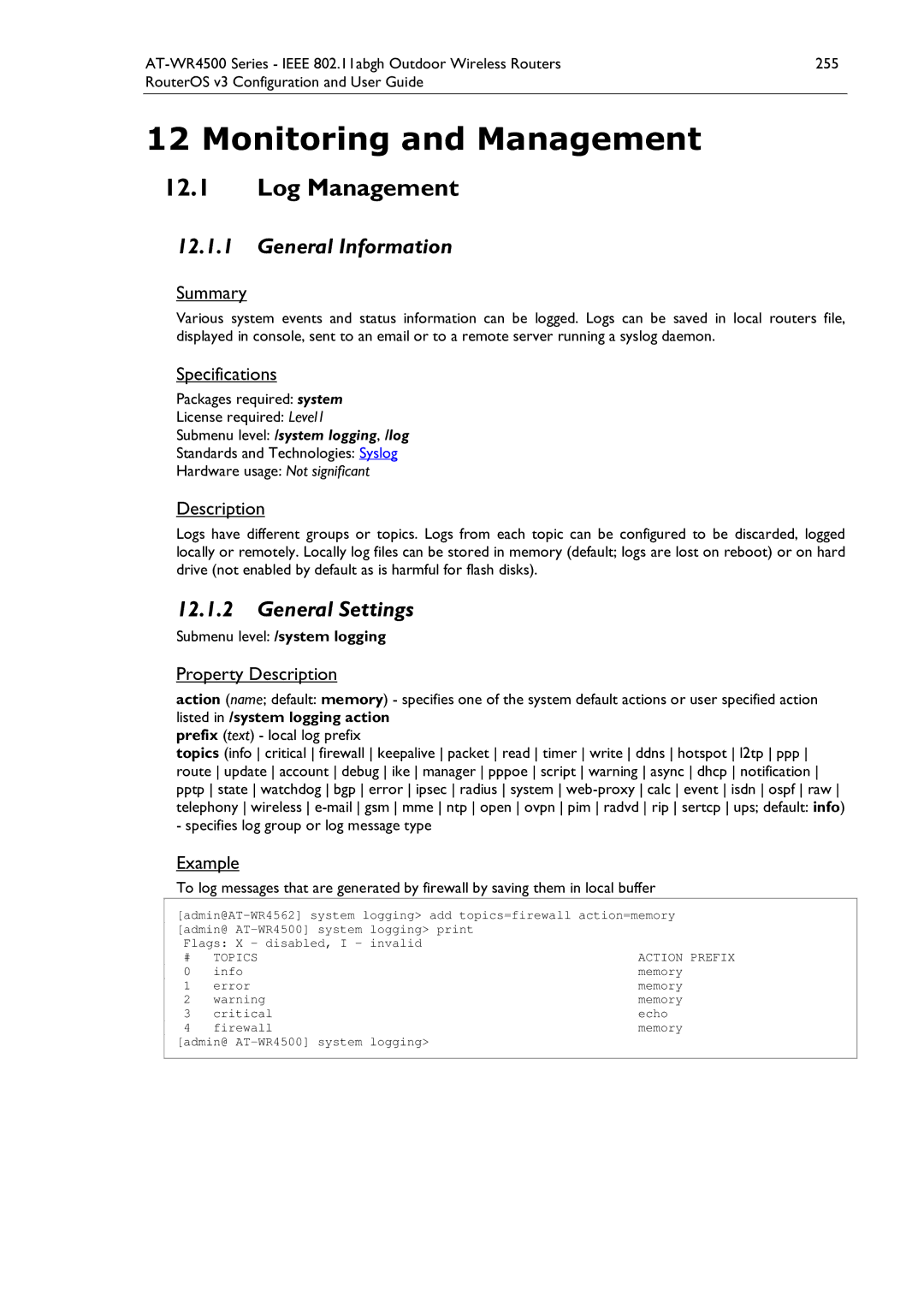 Allied Telesis AT-WR4500 manual Log Management, General Settings, Submenu level /system logging, Topics 