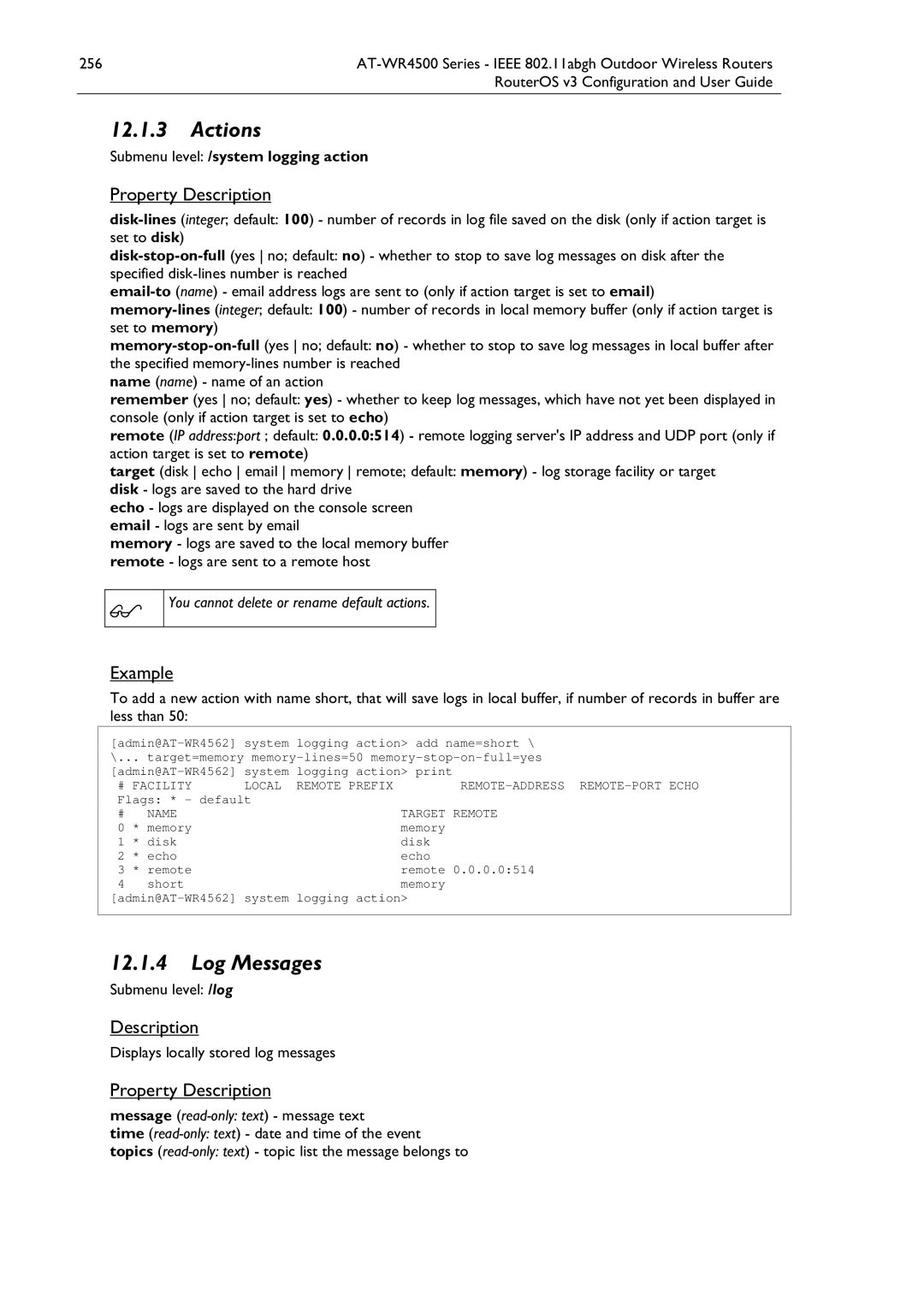 Allied Telesis AT-WR4500 manual Actions, Log Messages, Submenu level /system logging action, Submenu level /log 