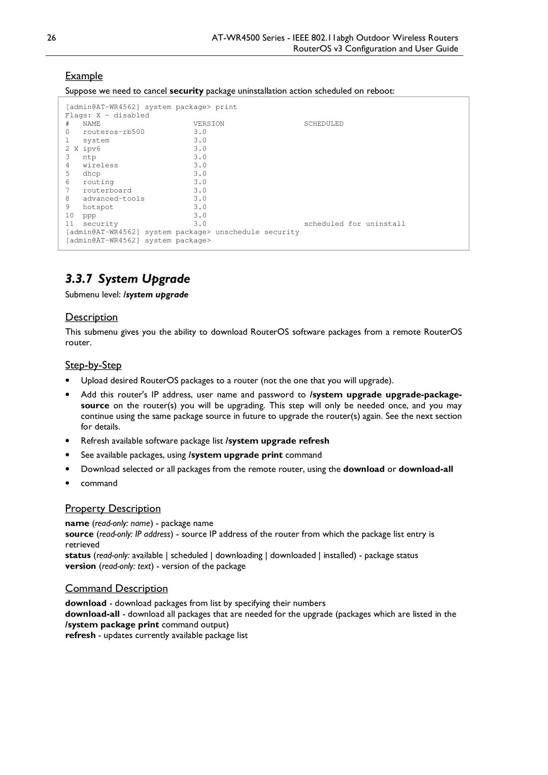Allied Telesis AT-WR4500 manual Name Version Scheduled, Admin@AT-WR4562 system package unschedule security 