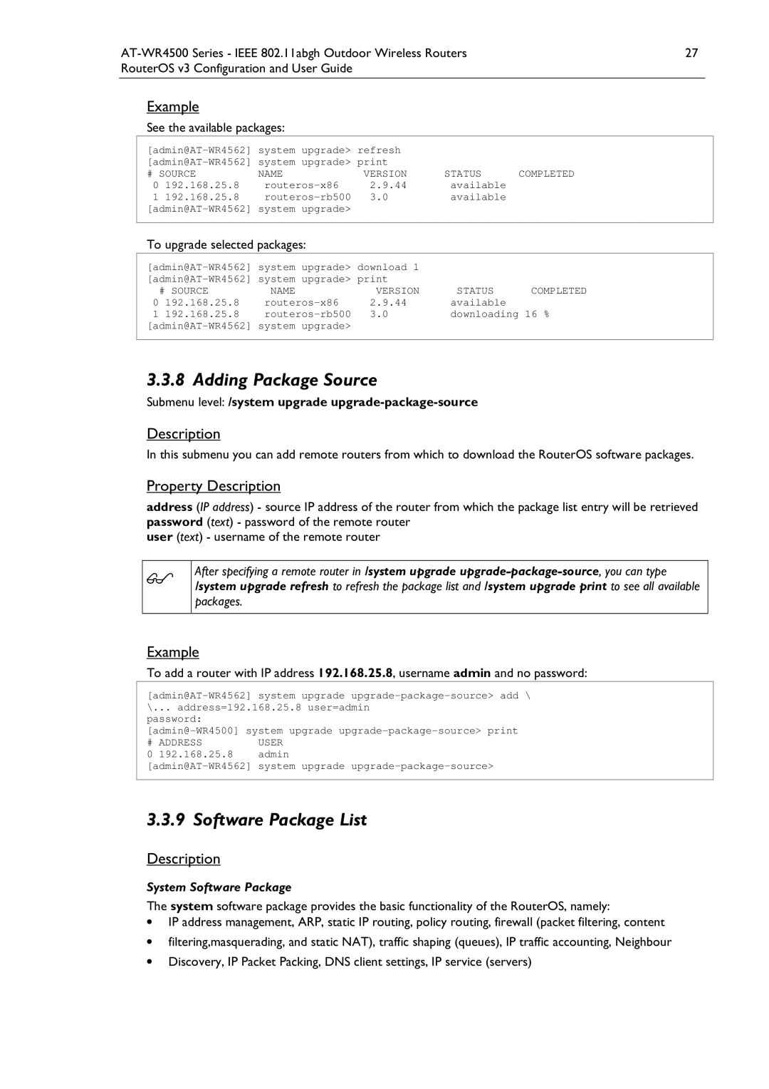 Allied Telesis AT-WR4500 manual Software Package List, To upgrade selected packages, Downloading 16 % 