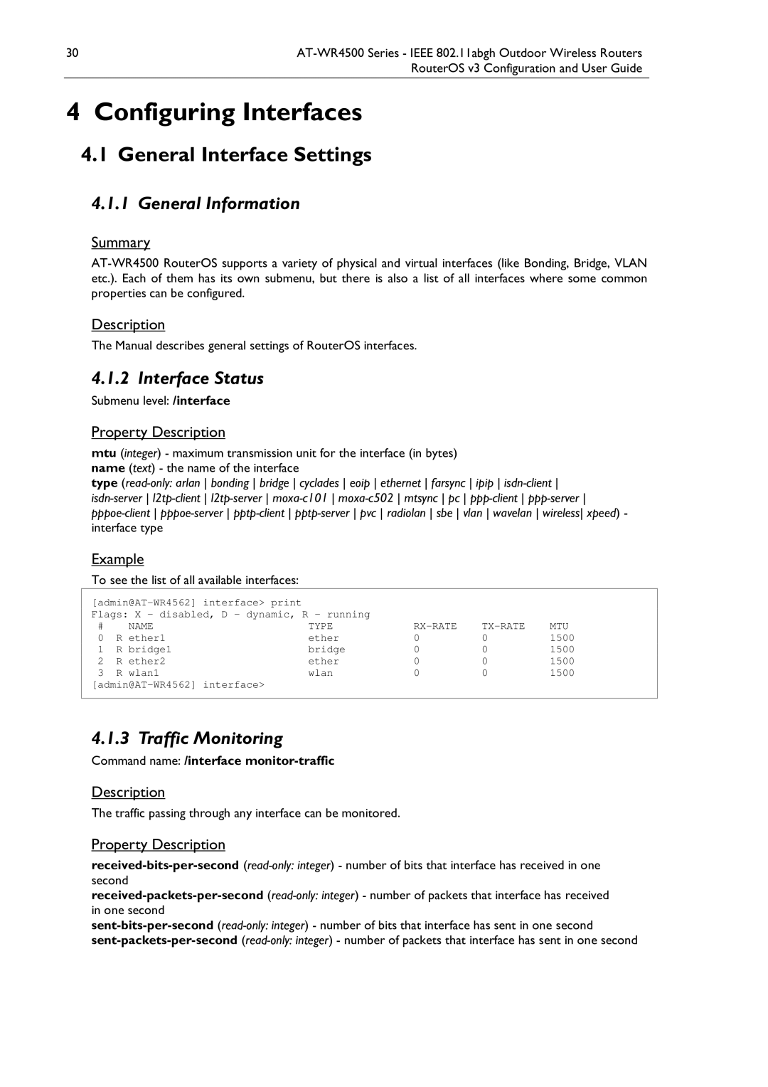 Allied Telesis AT-WR4500 manual General Interface Settings, Interface Status, Traffic Monitoring 