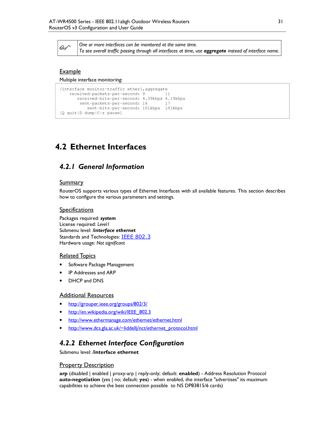 Allied Telesis AT-WR4500 manual Ethernet Interfaces, Ethernet Interface Configuration, RelatedTopics, Additional Resources 