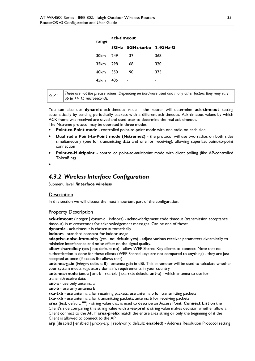 Allied Telesis AT-WR4500 Wireless Interface Configuration, 30km 249, 35km 298, 40km 350, Submenu level /interface wireless 