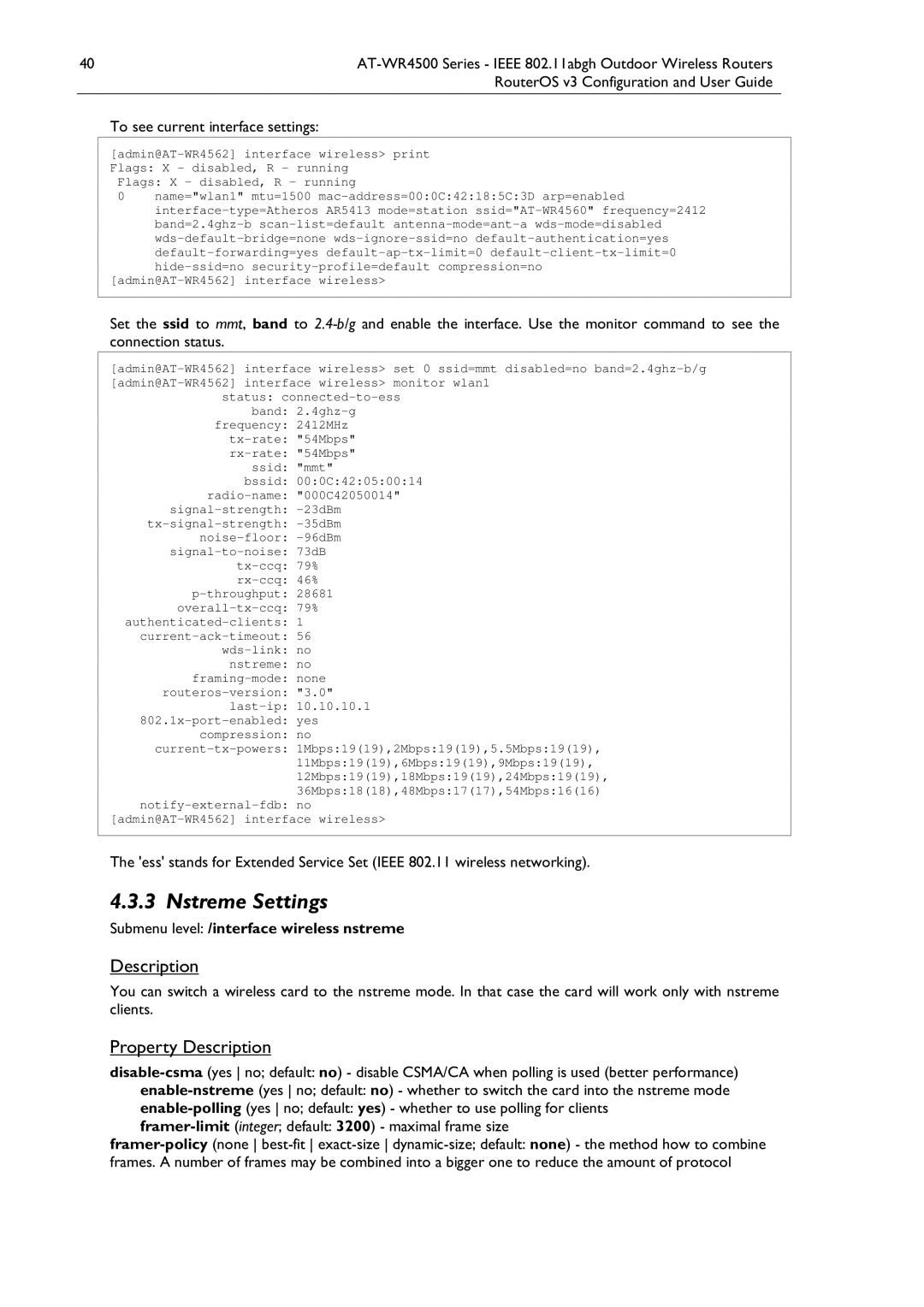 Allied Telesis AT-WR4500 Nstreme Settings, To see current interface settings, Submenu level /interface wireless nstreme 