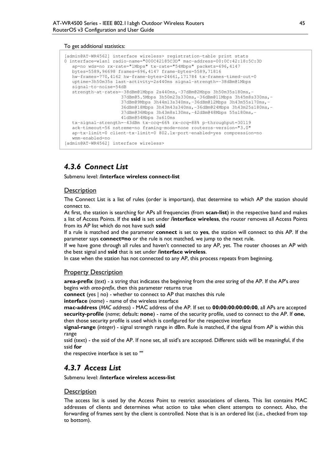 Allied Telesis AT-WR4500 manual Connect List, Access List, Submenu level /interface wireless connect-list 