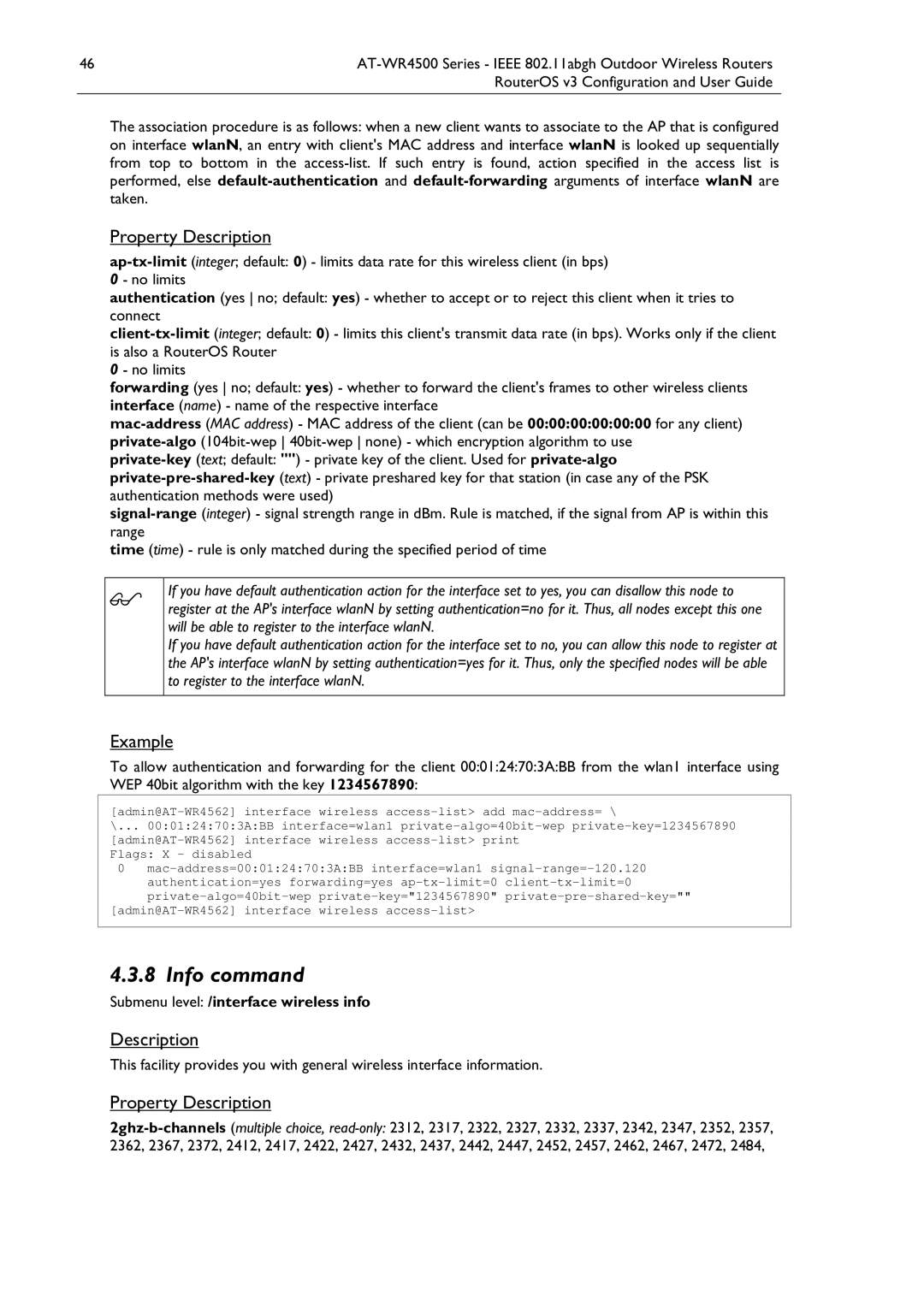 Allied Telesis AT-WR4500 manual Info command, Submenu level /interface wireless info 