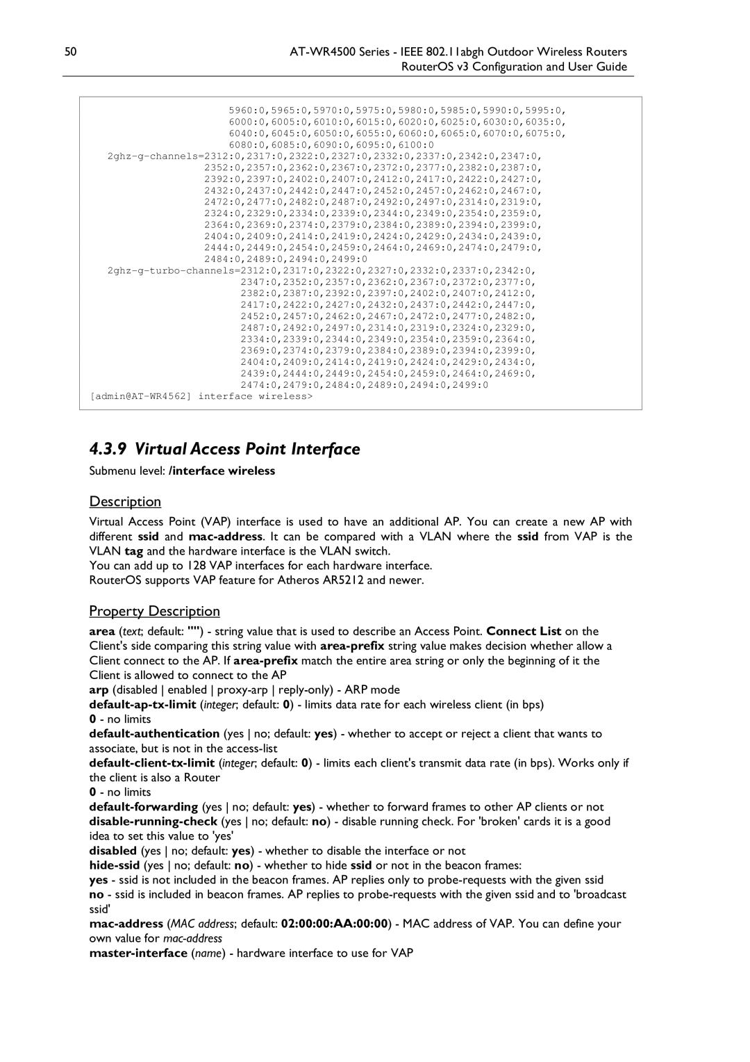 Allied Telesis AT-WR4500 manual Virtual Access Point Interface, Submenu level /interface wireless 