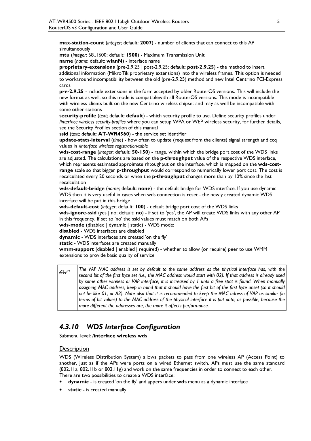 Allied Telesis AT-WR4500 manual WDS Interface Configuration, Submenu level /interface wireless wds 