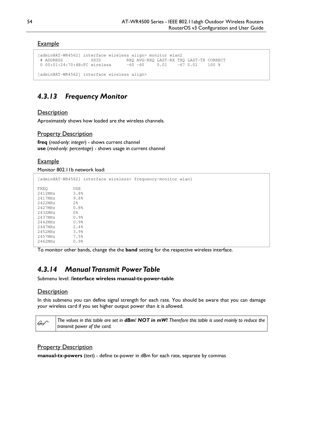 Allied Telesis AT-WR4500 manual Frequency Monitor, ManualTransmit PowerTable, Monitor 802.11b network load 