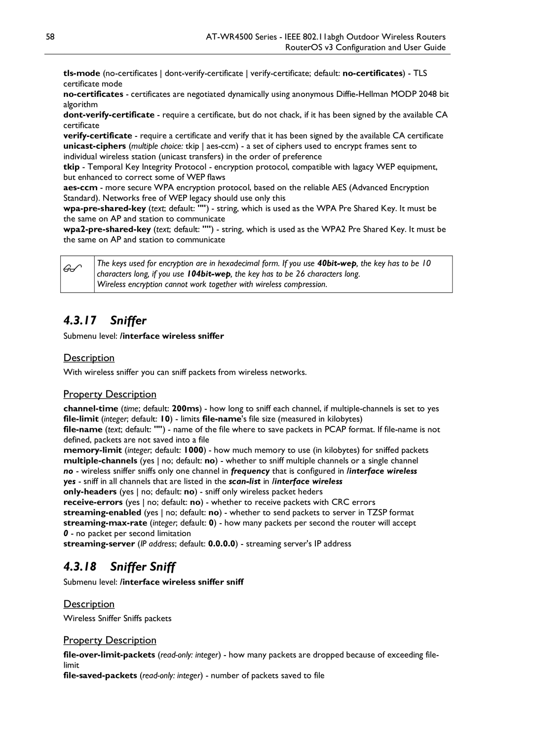 Allied Telesis AT-WR4500 manual Submenu level /interface wireless sniffer, Wireless Sniffer Sniffs packets 