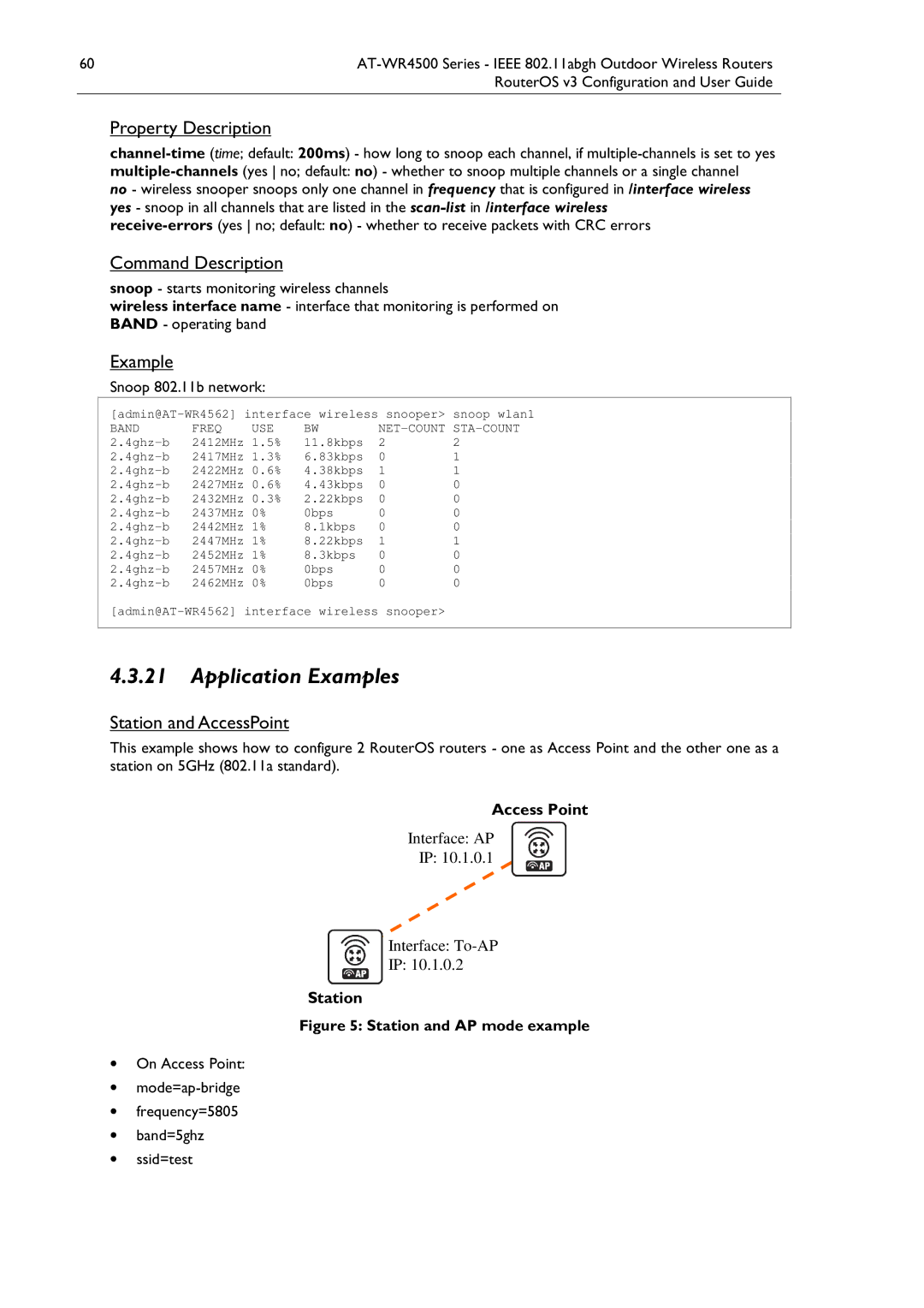 Allied Telesis AT-WR4500 Application Examples, Station and AccessPoint, Snoop 802.11b network, Band Freq USE, Sta-Count 