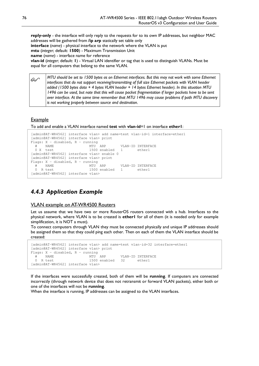 Allied Telesis manual Application Example, Vlan example on AT-WR4500 Routers, Name MTU ARP 