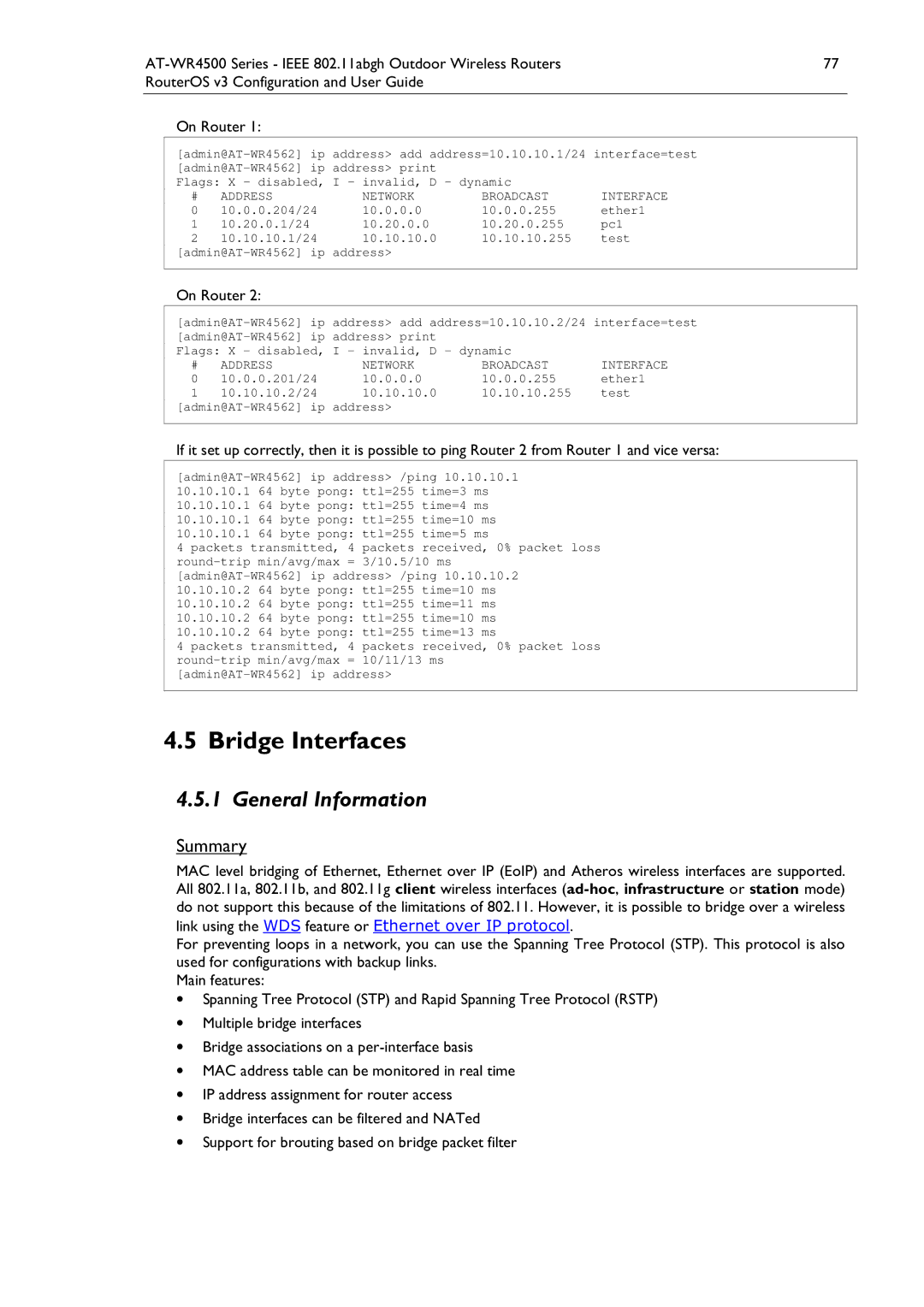 Allied Telesis AT-WR4500 manual Bridge Interfaces, 10.0.0.0 10.0.0.255 Ether1, 10.20.0.0 10.20.0.255 Pc1 