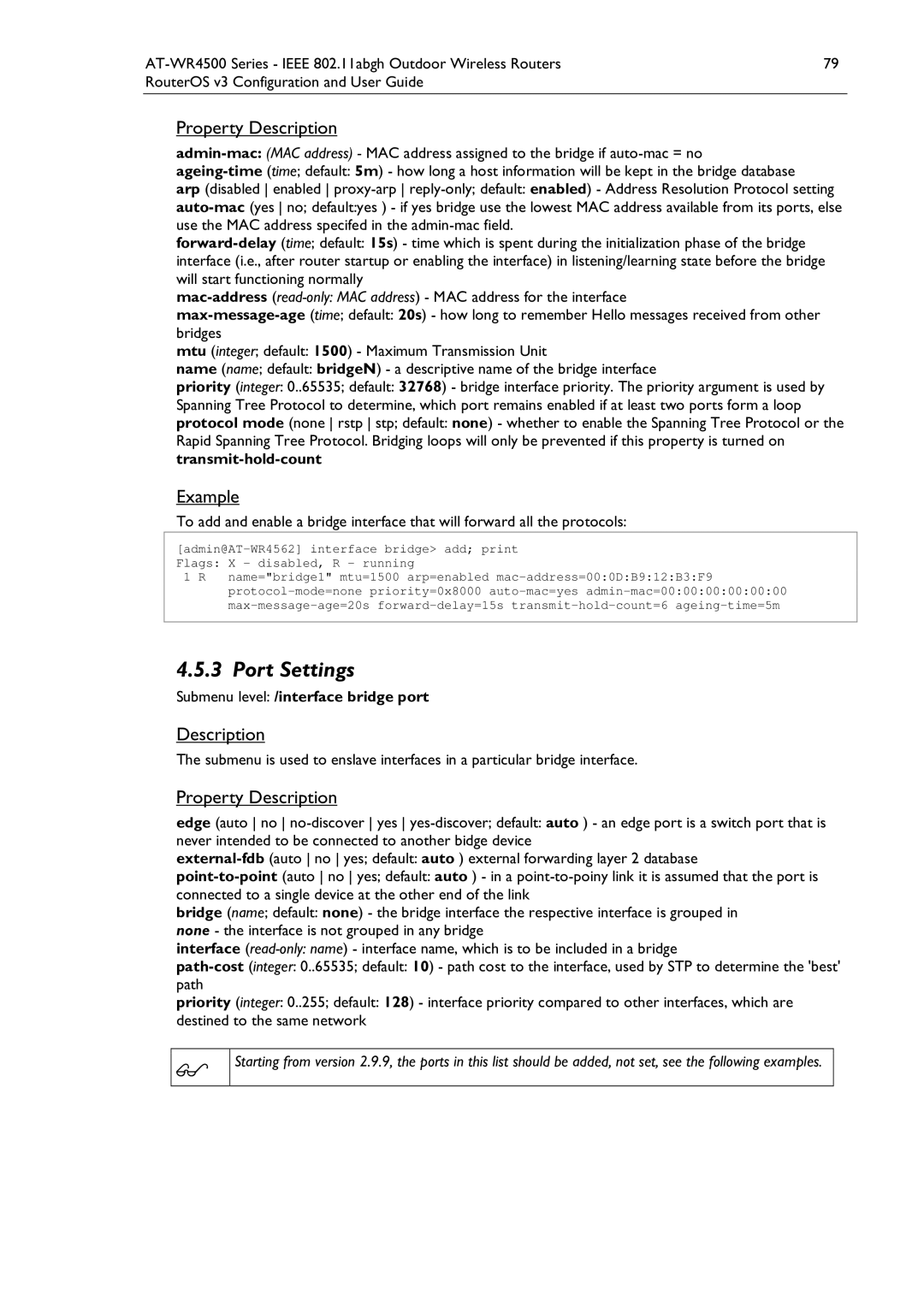 Allied Telesis AT-WR4500 manual Port Settings, Submenu level /interface bridge port 