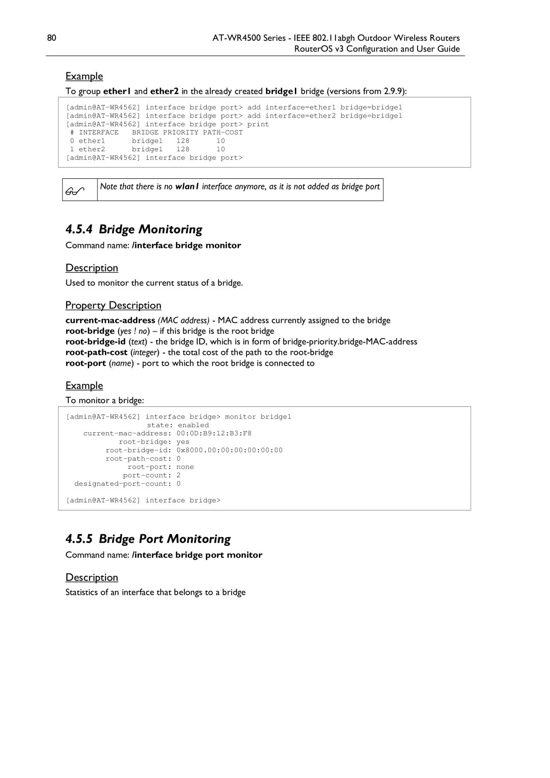 Allied Telesis AT-WR4500 manual Bridge Monitoring, Bridge Port Monitoring, Command name /interface bridge monitor 