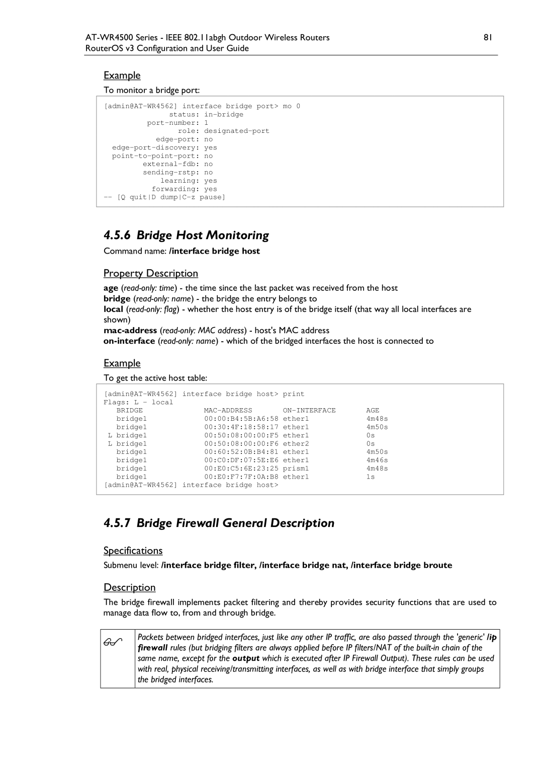 Allied Telesis AT-WR4500 manual Bridge Host Monitoring, Bridge Firewall General Description, To monitor a bridge port 