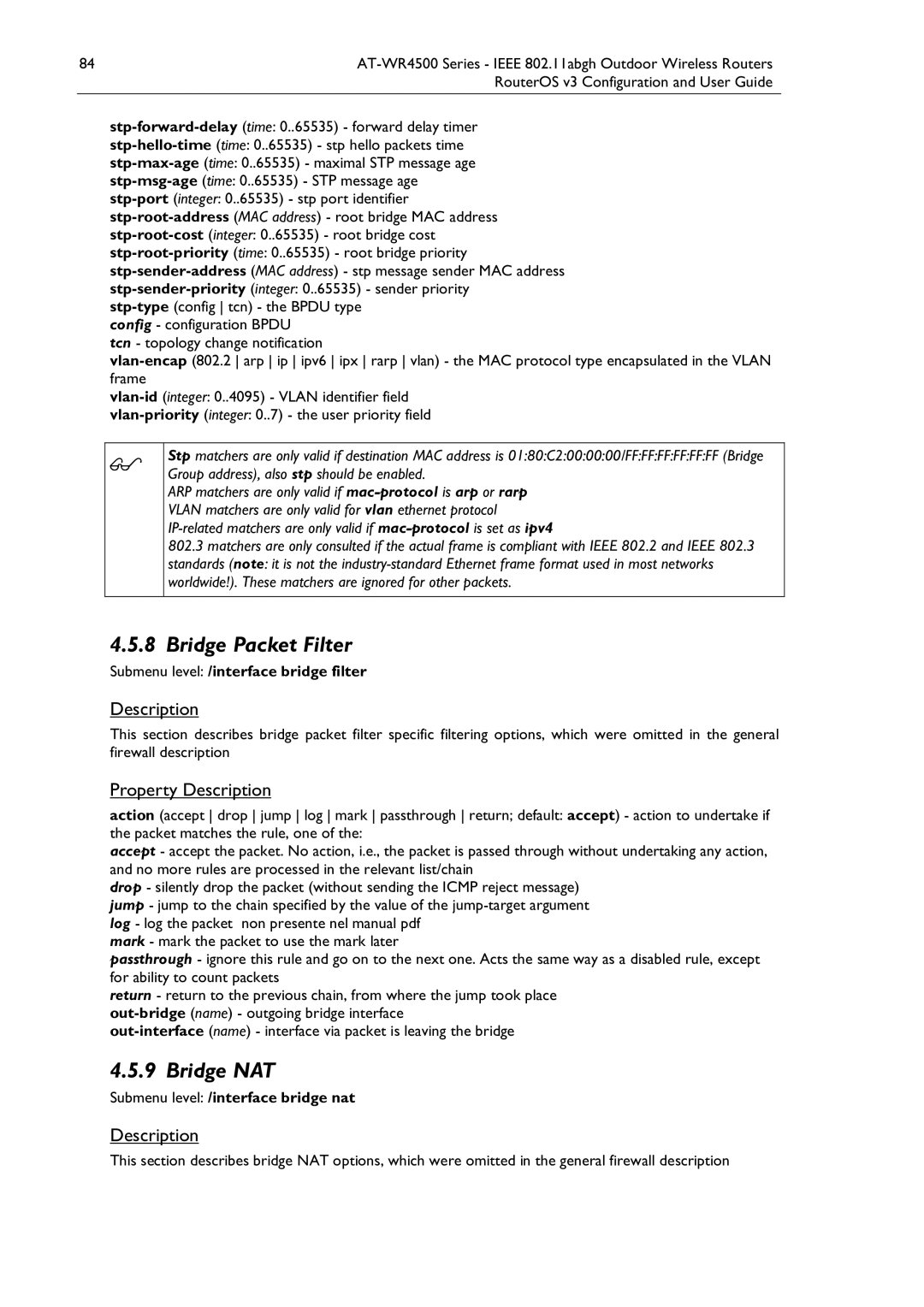 Allied Telesis AT-WR4500 manual Bridge Packet Filter, Bridge NAT, Submenu level /interface bridge filter 