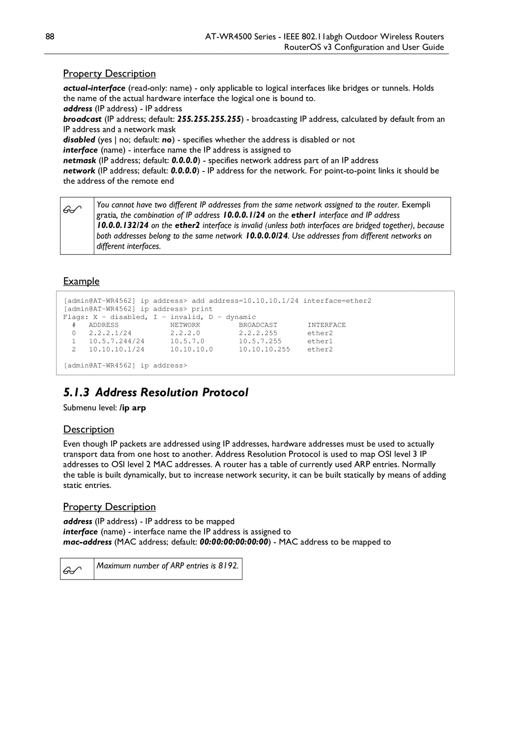 Allied Telesis AT-WR4500 manual Address Resolution Protocol, Submenu level /ip arp, 2.1/24 2.0 2.255 Ether2 