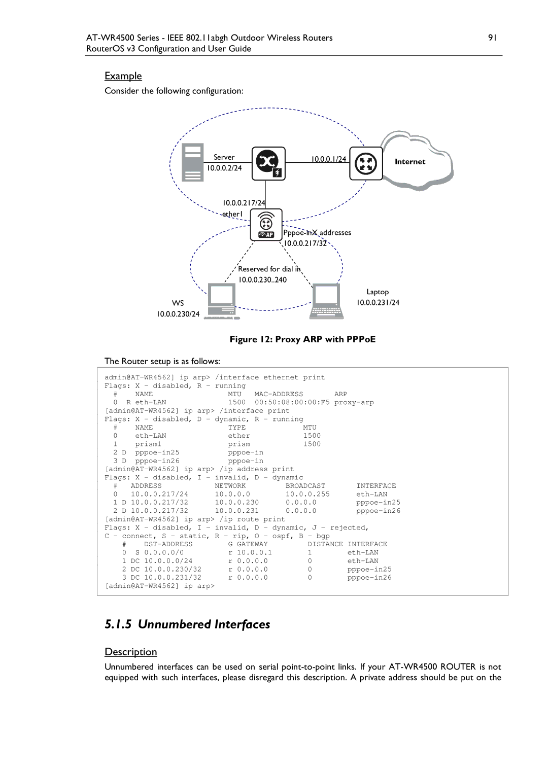 Allied Telesis AT-WR4500 manual Unnumbered Interfaces, Consider the following configuration, Router setup is as follows 