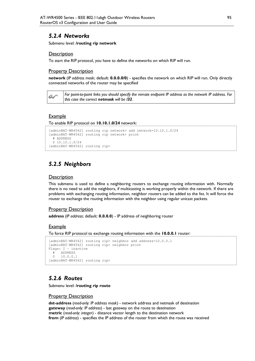 Allied Telesis AT-WR4500 Networks, Neighbors, Routes, Submenu level /routing rip network, Submenu level /routing rip route 