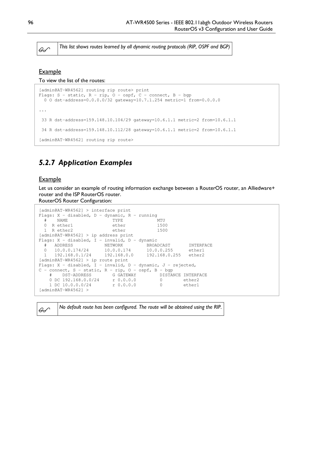 Allied Telesis AT-WR4500 manual To view the list of the routes, Ether1 1500 Ether2, 10.0.0.174 10.0.0.255 Ether1 