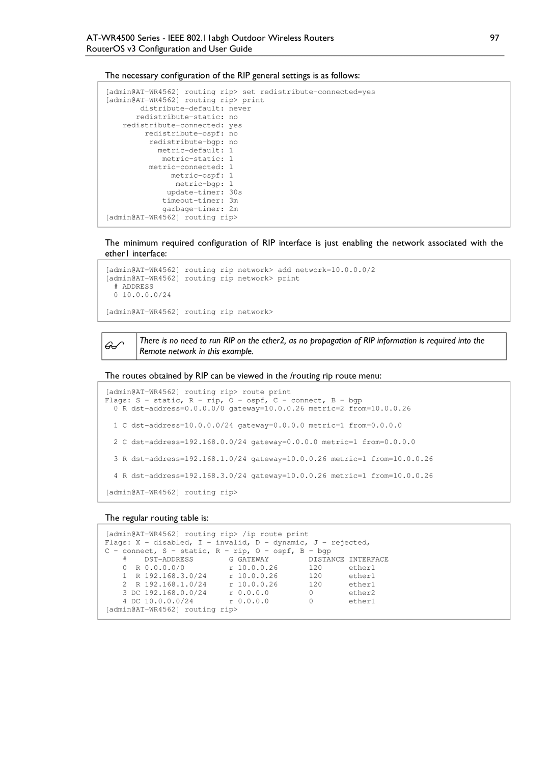 Allied Telesis AT-WR4500 manual Regular routing table is, Admin@AT-WR4562 routing rip set redistribute-connected=yes 