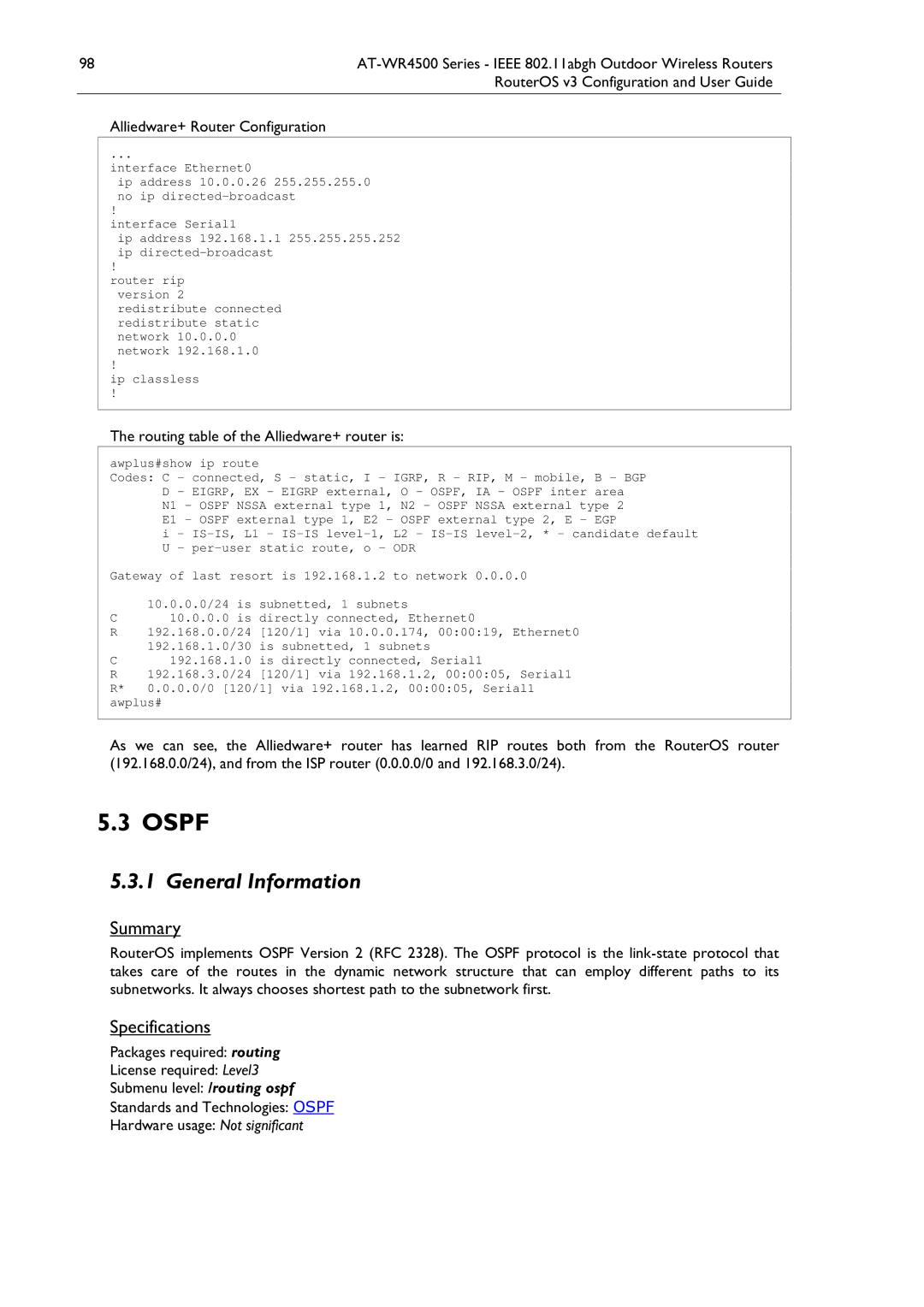 Allied Telesis AT-WR4500 manual Ospf, Alliedware+ Router Configuration, Routing table of the Alliedware+ router is 