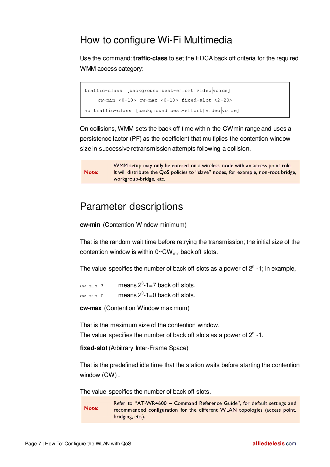 Allied Telesis AT-WR4600 manual How to configure Wi-Fi Multimedia, Parameter descriptions 