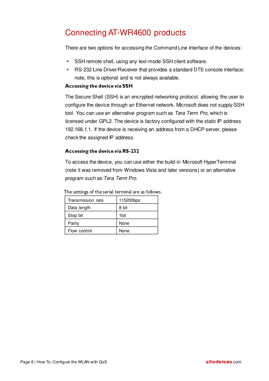 Allied Telesis manual Connecting AT-WR4600 products, Accessing the device via SSH 