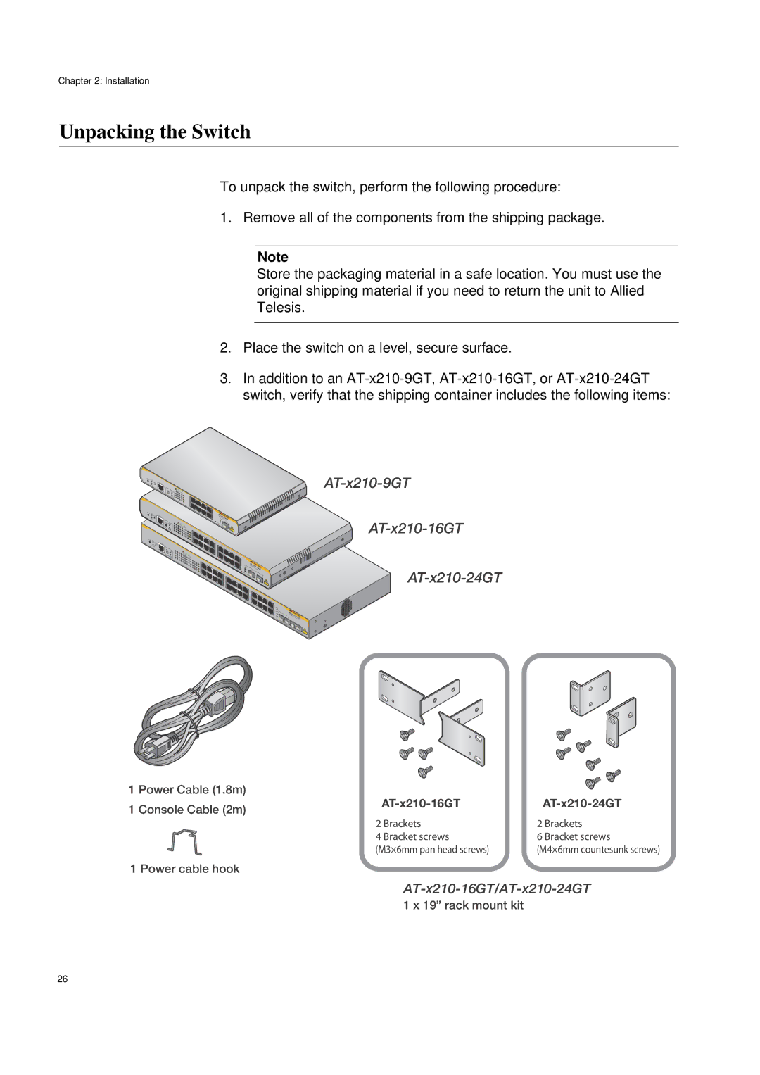 Allied Telesis AT-X210-9GT, AT-X210-24GT, AT-X210-16GT manual Unpacking the Switch 