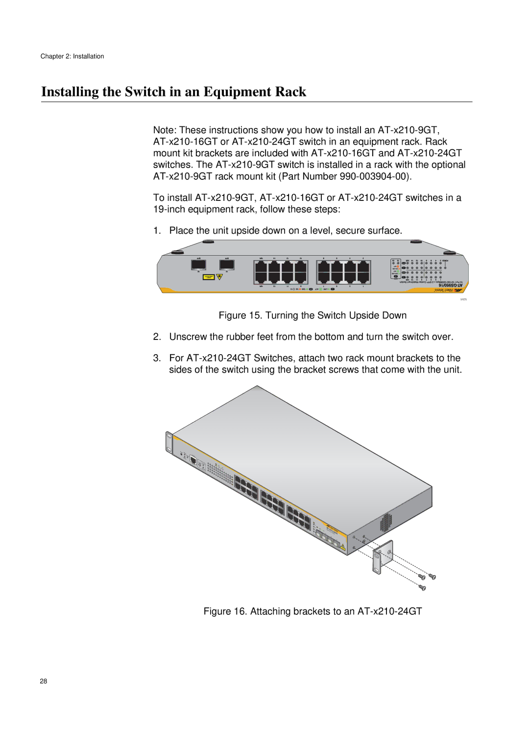 Allied Telesis AT-X210-16GT, AT-X210-9GT, AT-X210-24GT manual Installing the Switch in an Equipment Rack, Speed Duplex 