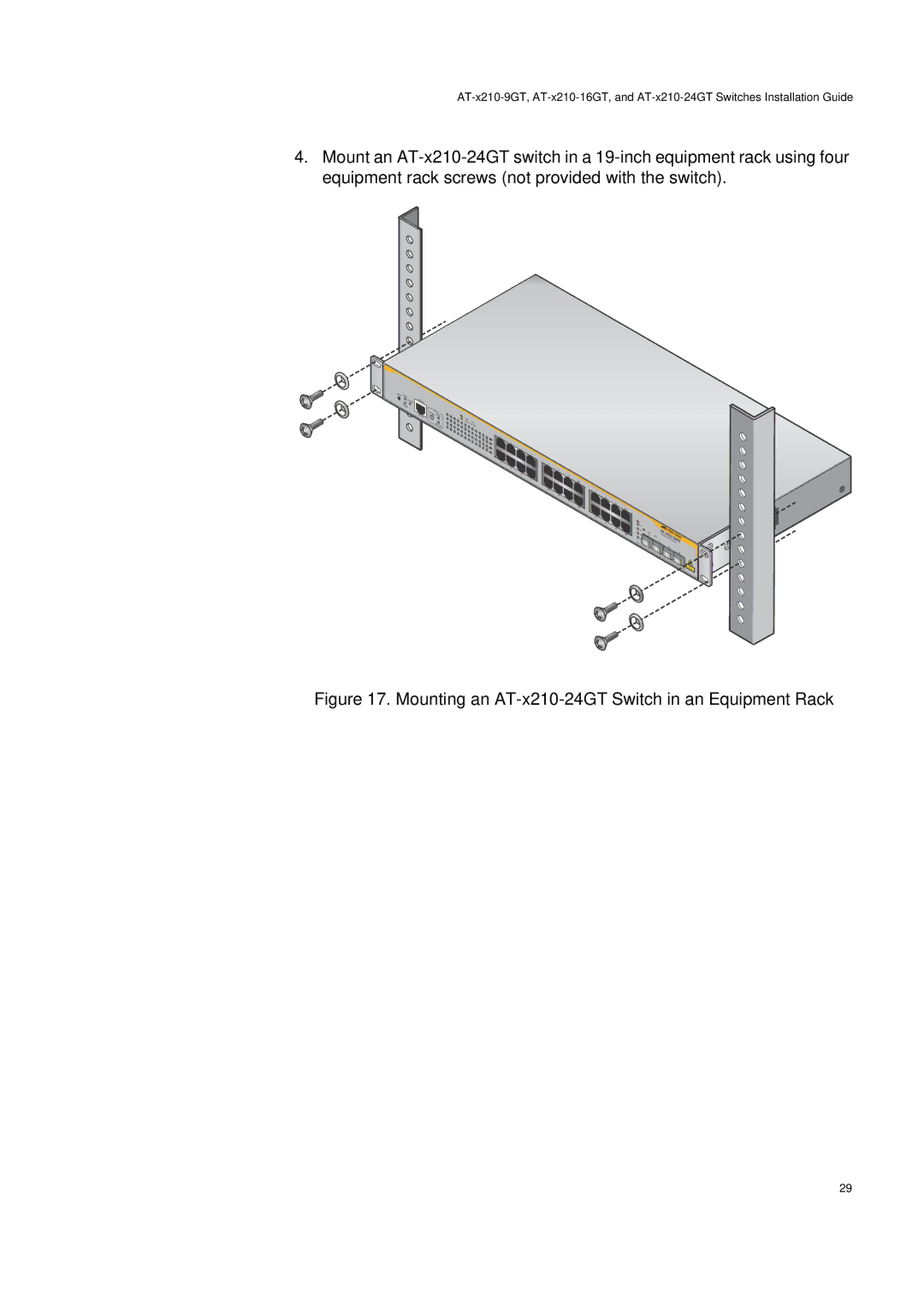 Allied Telesis AT-X210-9GT, AT-X210-24GT, AT-X210-16GT manual Mounting an AT-x210-24GT Switch in an Equipment Rack 