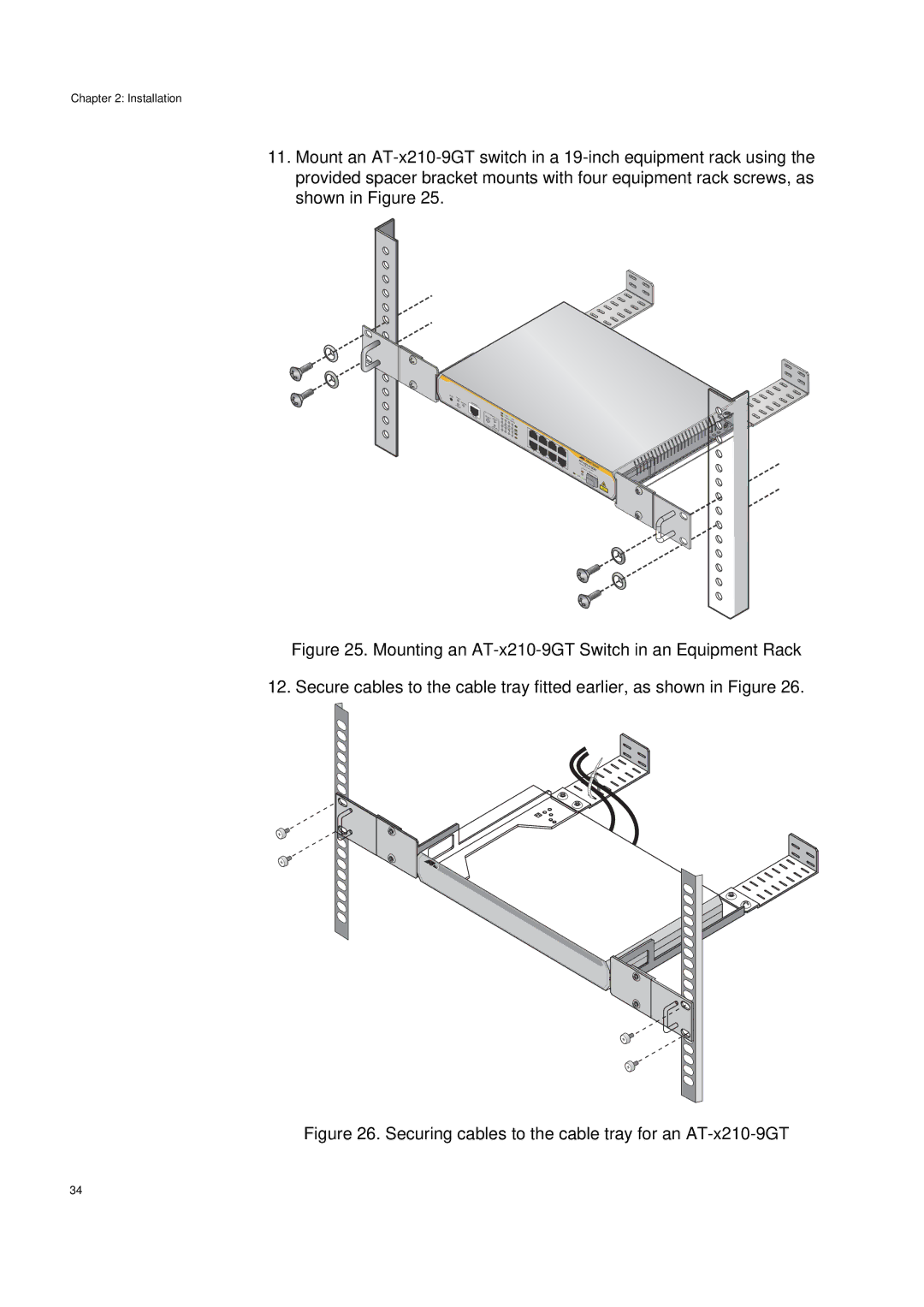 Allied Telesis AT-X210-16GT, AT-X210-9GT, AT-X210-24GT manual Securing cables to the cable tray for an AT-x210-9GT 