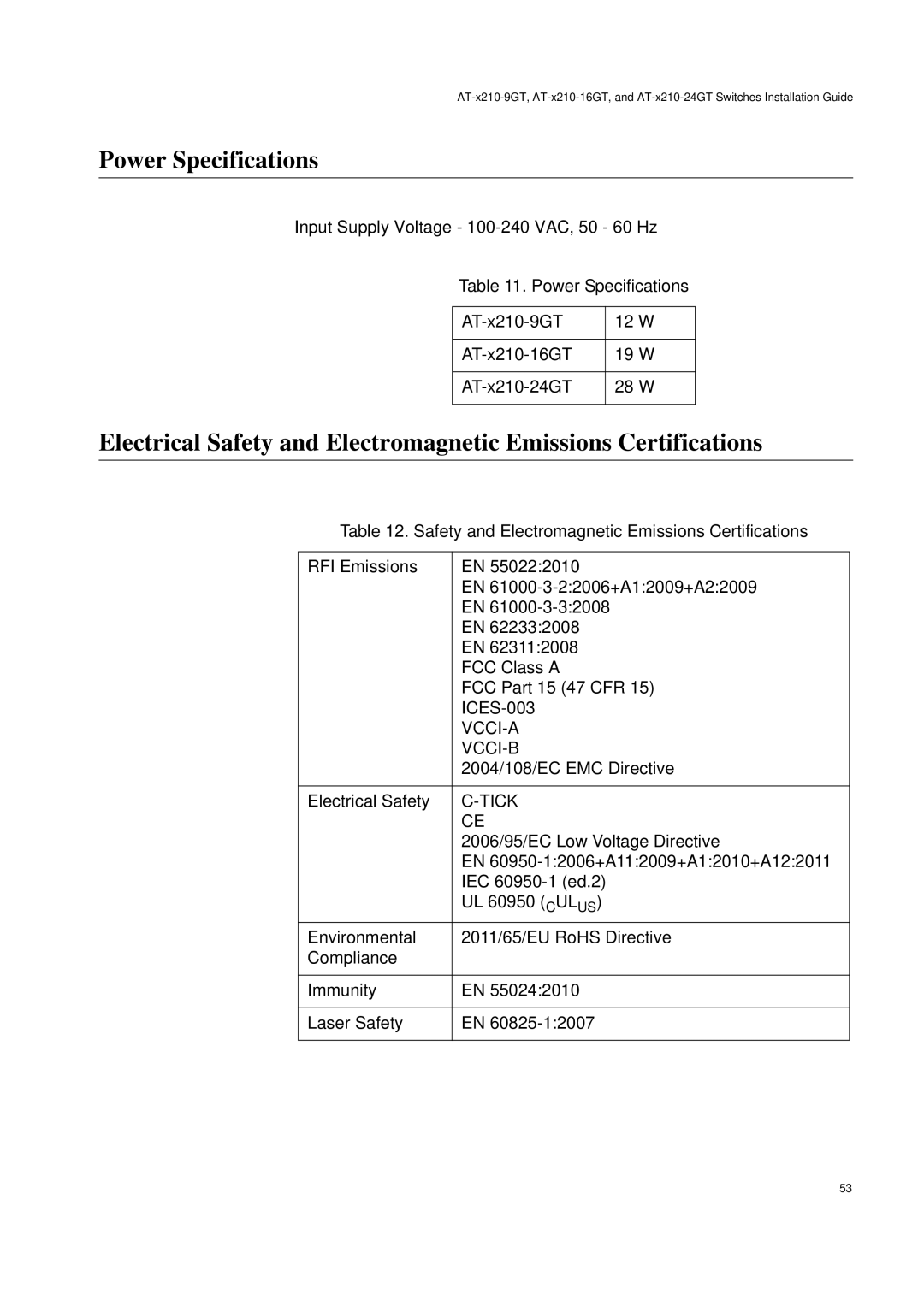 Allied Telesis AT-X210-9GT, AT-X210-24GT, AT-X210-16GT manual Power Specifications 