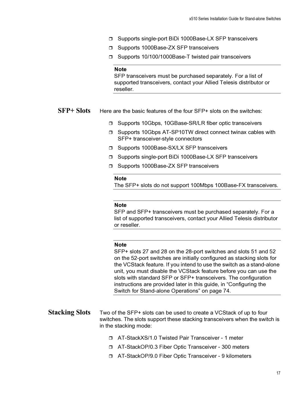 Allied Telesis AT-X510-52GPX, AT-X510-52GTX, AT-X510-28GTX manual X510 Series Installation Guide for Stand-alone Switches 