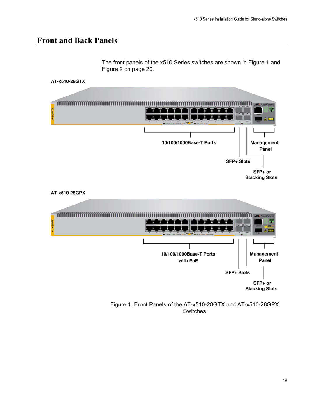 Allied Telesis AT-X510-28GPX, AT-X510-52GTX manual Front and Back Panels, Front panels of the x510 Series switches are shown 