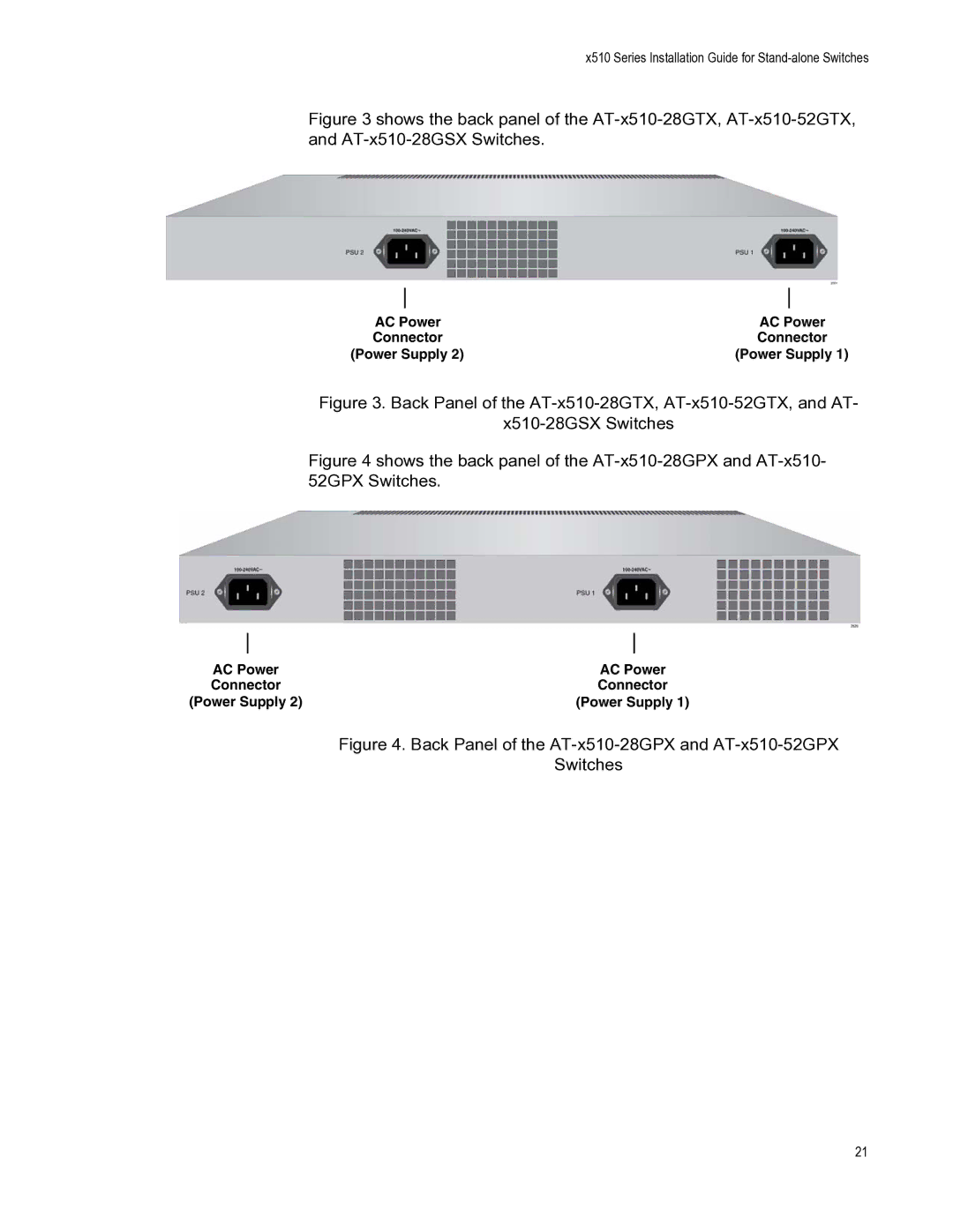 Allied Telesis AT-X510-28GTX, AT-X510-52GTX, AT-X510-52GPX, AT-X510-28GSX Back Panel of the AT-x510-28GPX and AT-x510-52GPX 