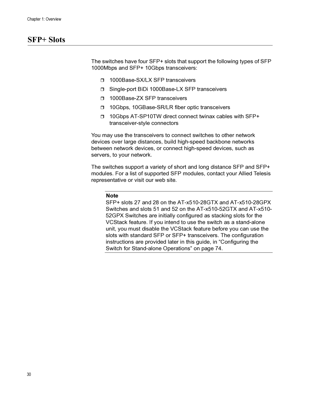 Allied Telesis AT-X510-52GTX, AT-X510-28GTX, AT-X510-52GPX, AT-X510-28GSX, AT-X510-28GPX manual SFP+ Slots 