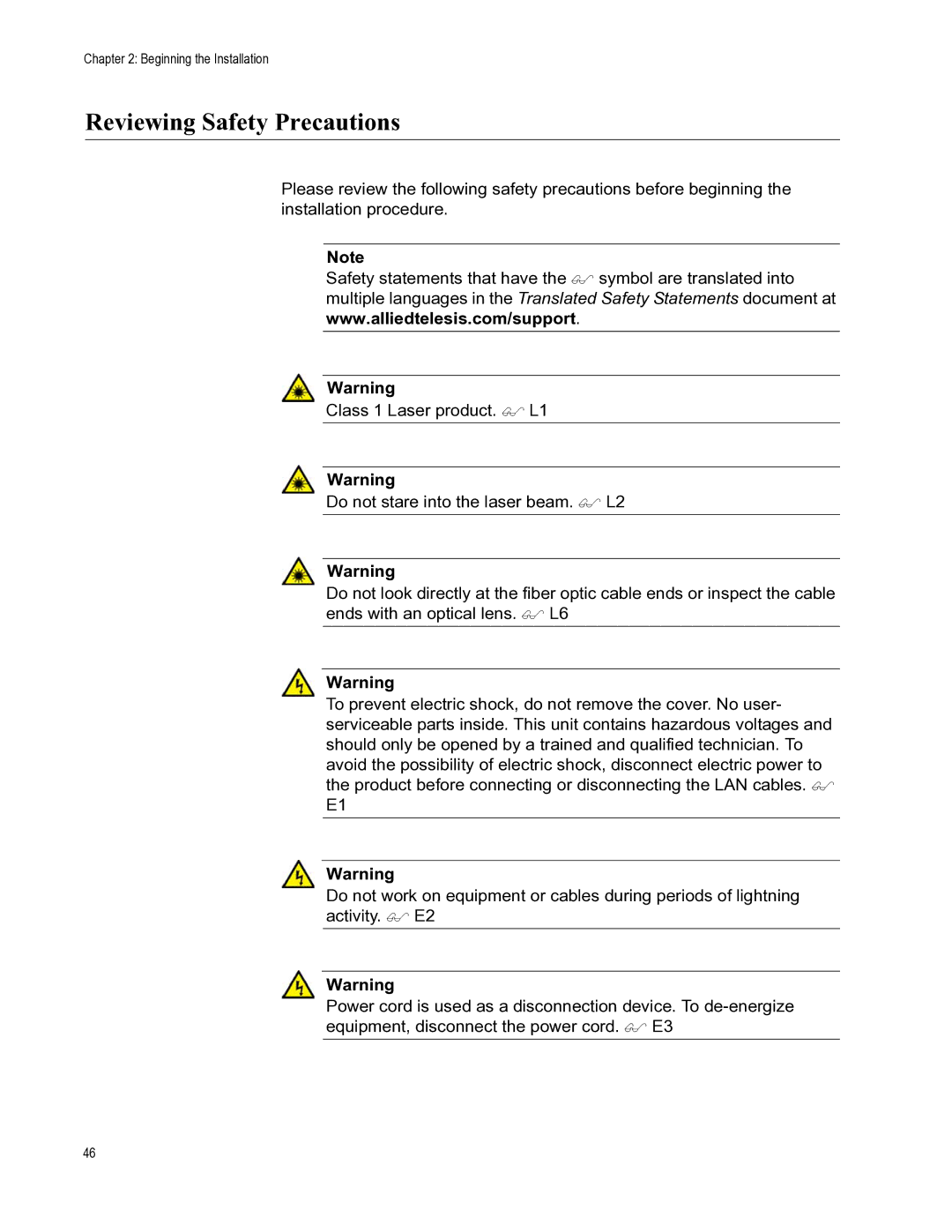 Allied Telesis AT-X510-28GTX, AT-X510-52GTX, AT-X510-52GPX, AT-X510-28GSX, AT-X510-28GPX manual Reviewing Safety Precautions 