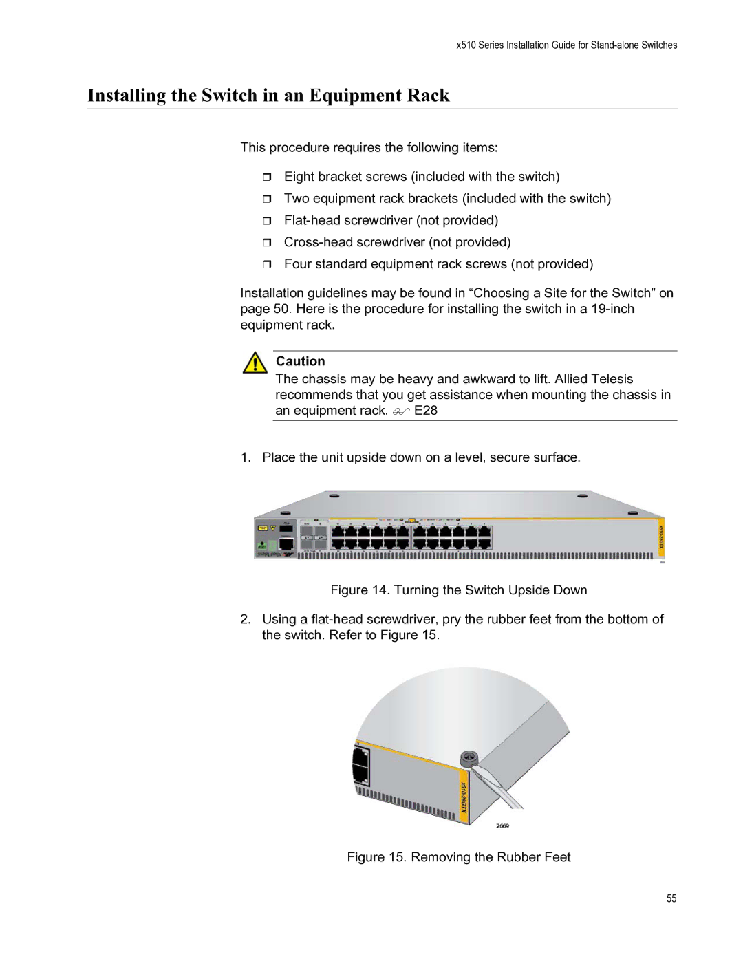 Allied Telesis AT-X510-52GTX, AT-X510-28GTX manual Installing the Switch in an Equipment Rack, Removing the Rubber Feet 